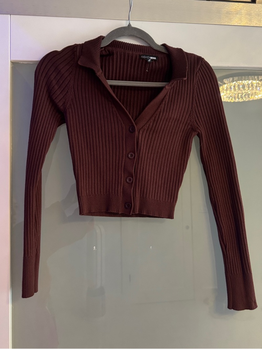 Fashion Nova Ribbed Button Crop Cardigan - Burgundy